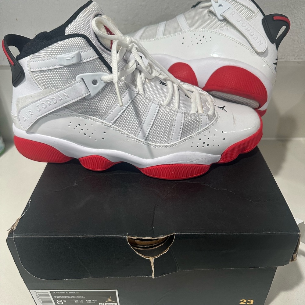 Jordan White and Red Sneakers with Classic Silhouette